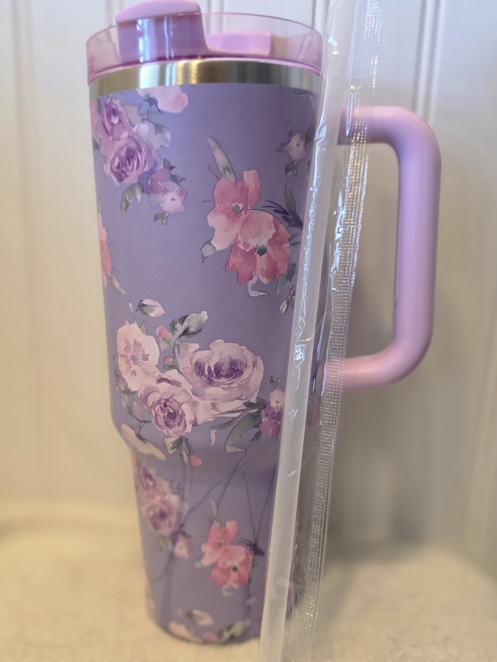 Lavender Floral Travel Mug with Handle